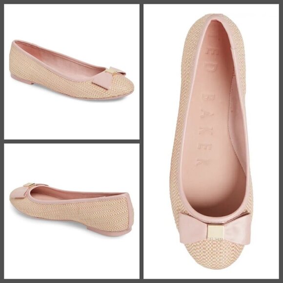 💕TED BAKER LONDON💕 Sualli Flat Raffia Pink Bow Ballet Pumps 38 New Without Box - Picture 2 of 16